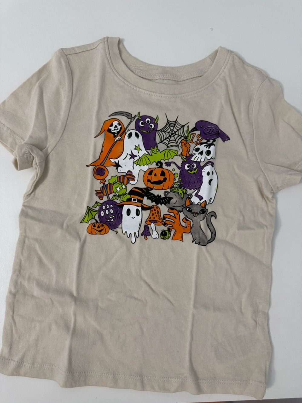 Kids Halloween Graphic T-Shirt Costume Top - Cream with Orange & Purple